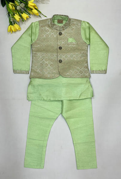 Wonderful Light Green Color Silk Cotton Sherwani And Jacket Suits With Embroidery Work For Boys