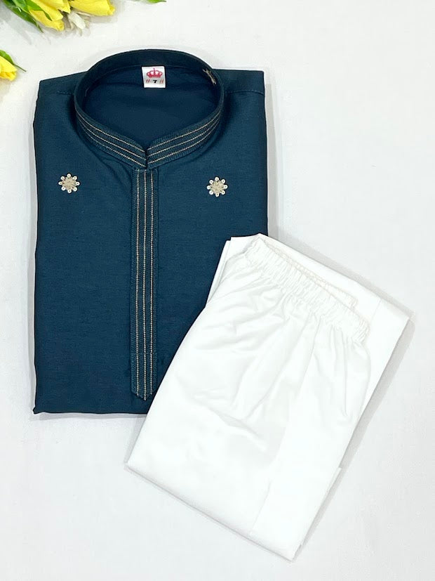 Amazing Teal Green Color Silk Embroidery And Sequins Work Kurta With Pajama Set Near Me