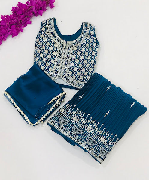 Attractive Teal Blue Colored Embroidery And Sequins Work Choli Sets For Girls