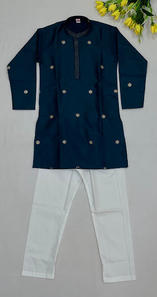 Amazing Teal Green Color Silk Embroidery And Sequins Work Kurta With Pajama Set For Boys