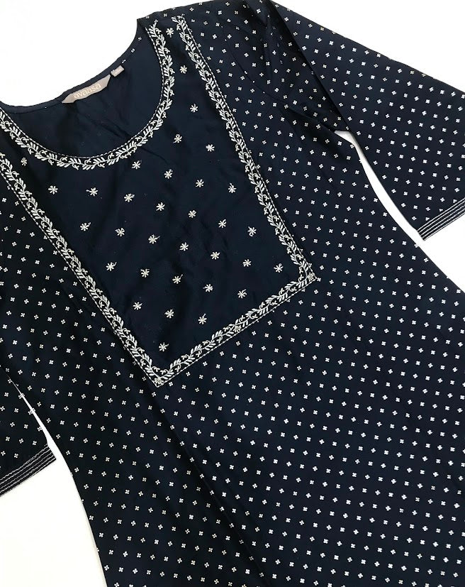 Blue Color Cotton With Embroidery And Printed Work Kurti For Women In Chandler