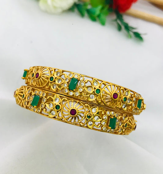 Traditional Gold Plated Bangles Set With Emerald And Ruby Natural Stones