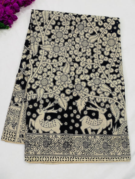 Elegant Floral Hand Printed Kalamkari Pure Cotton Saree
