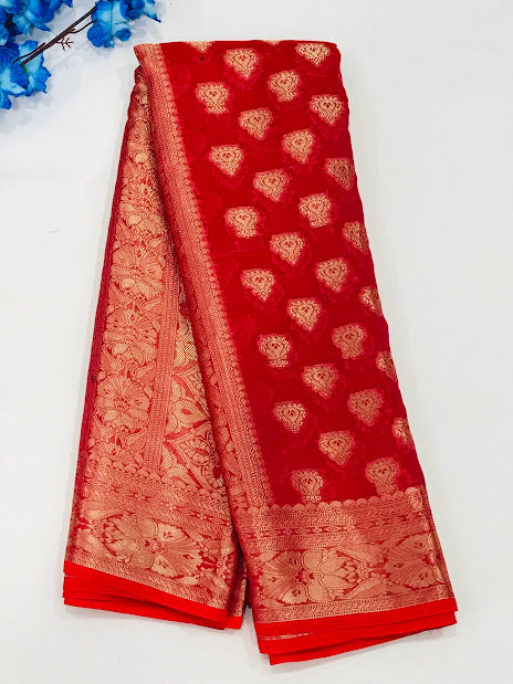 Lovely Red Color Designer Georgette Saree With Butta Motifs And Rich Pallu