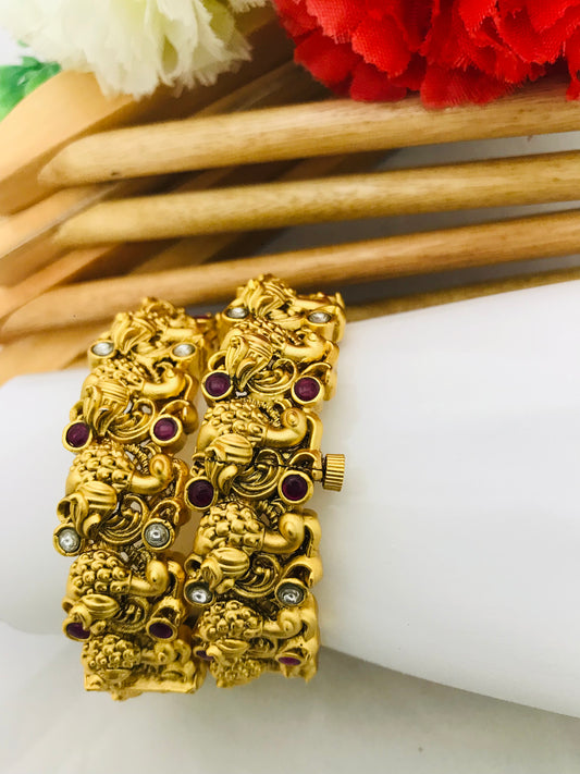 Elegant Matte Finished Antique Gold Peacock Design Bangles Set With Natural Stones
