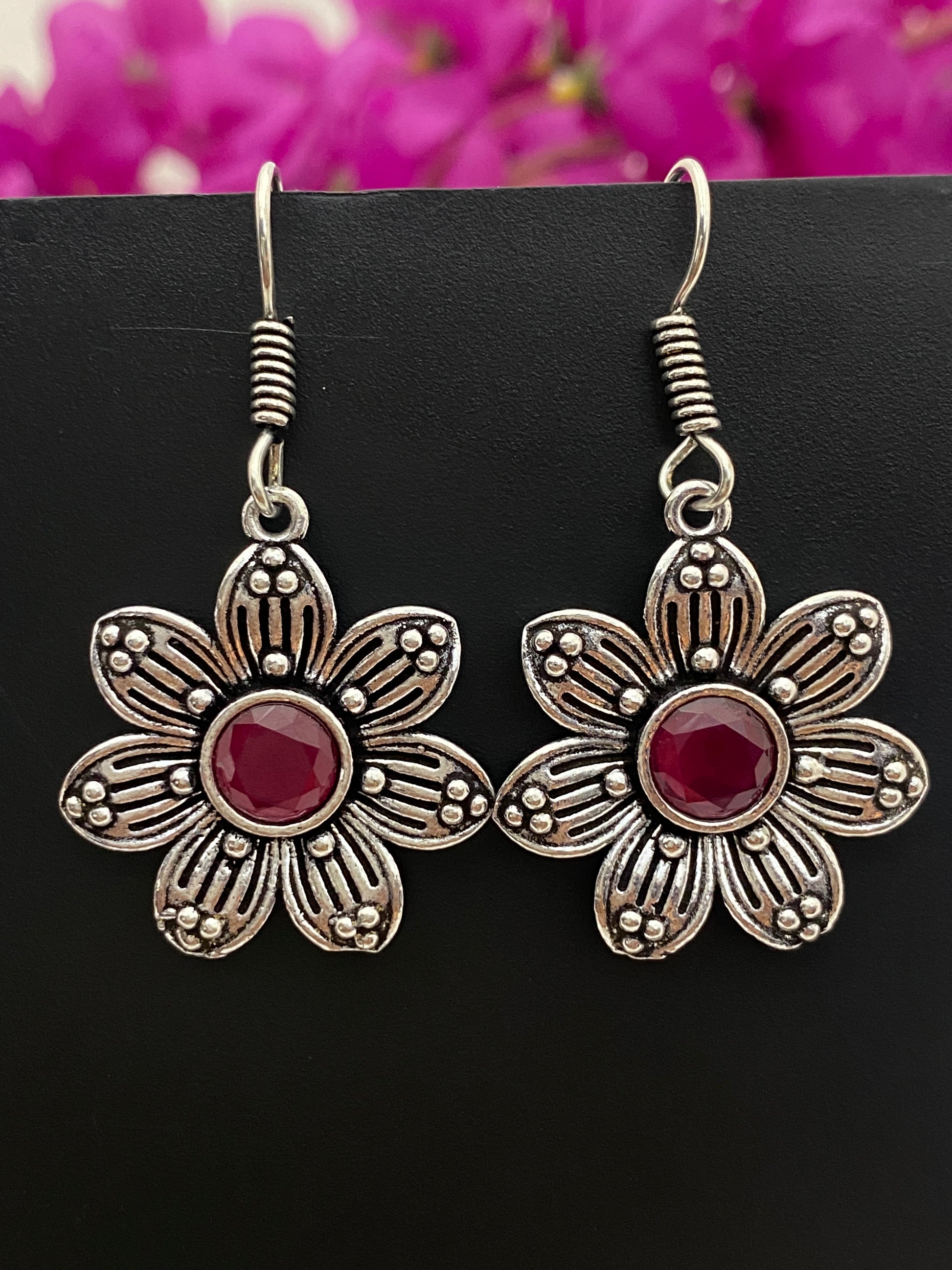 Red Color Stone With Oxidized Earrings For Womens Near Me