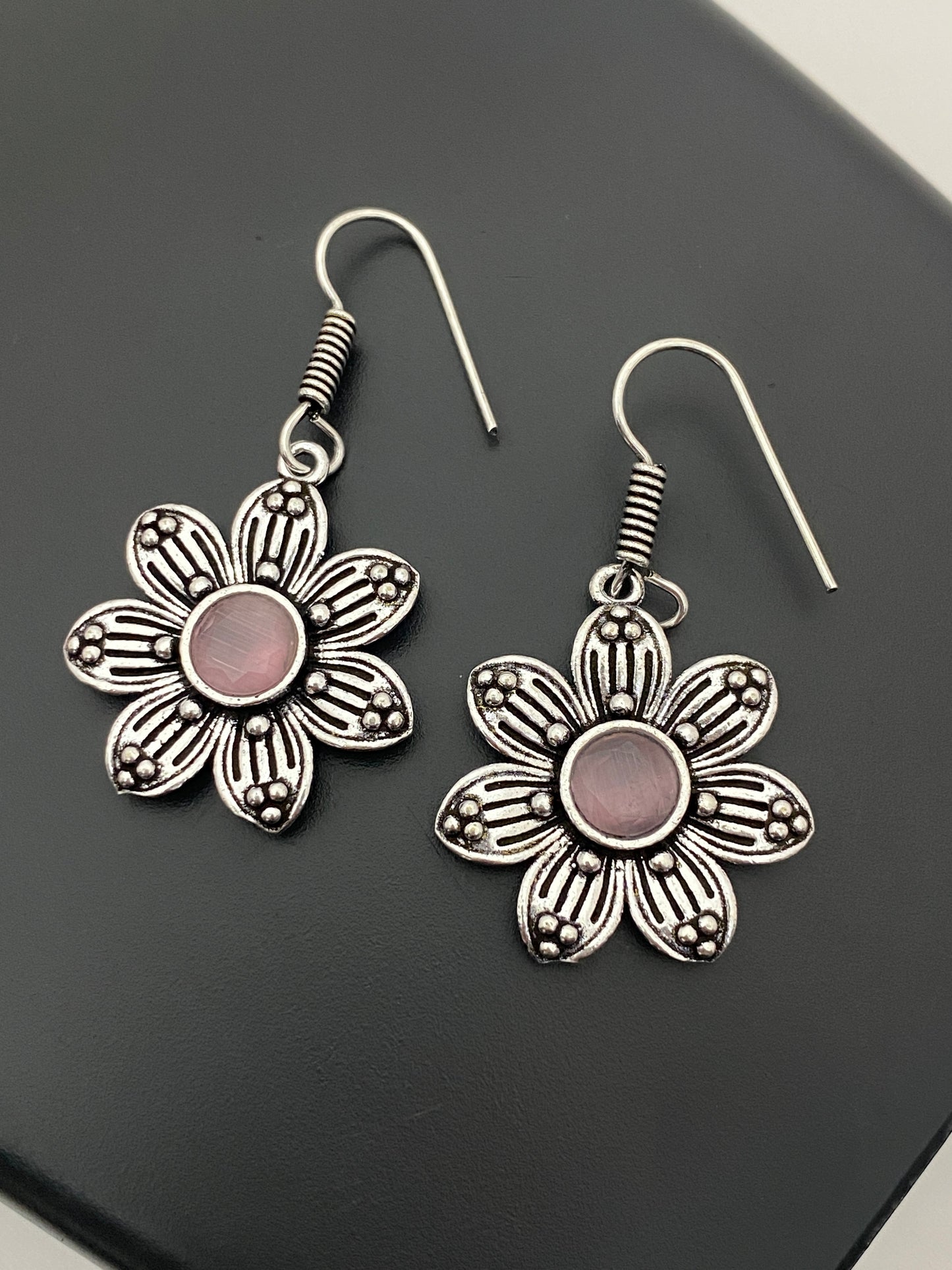 Attractive Light Pink Flower Design Oxidized Earrings For Women