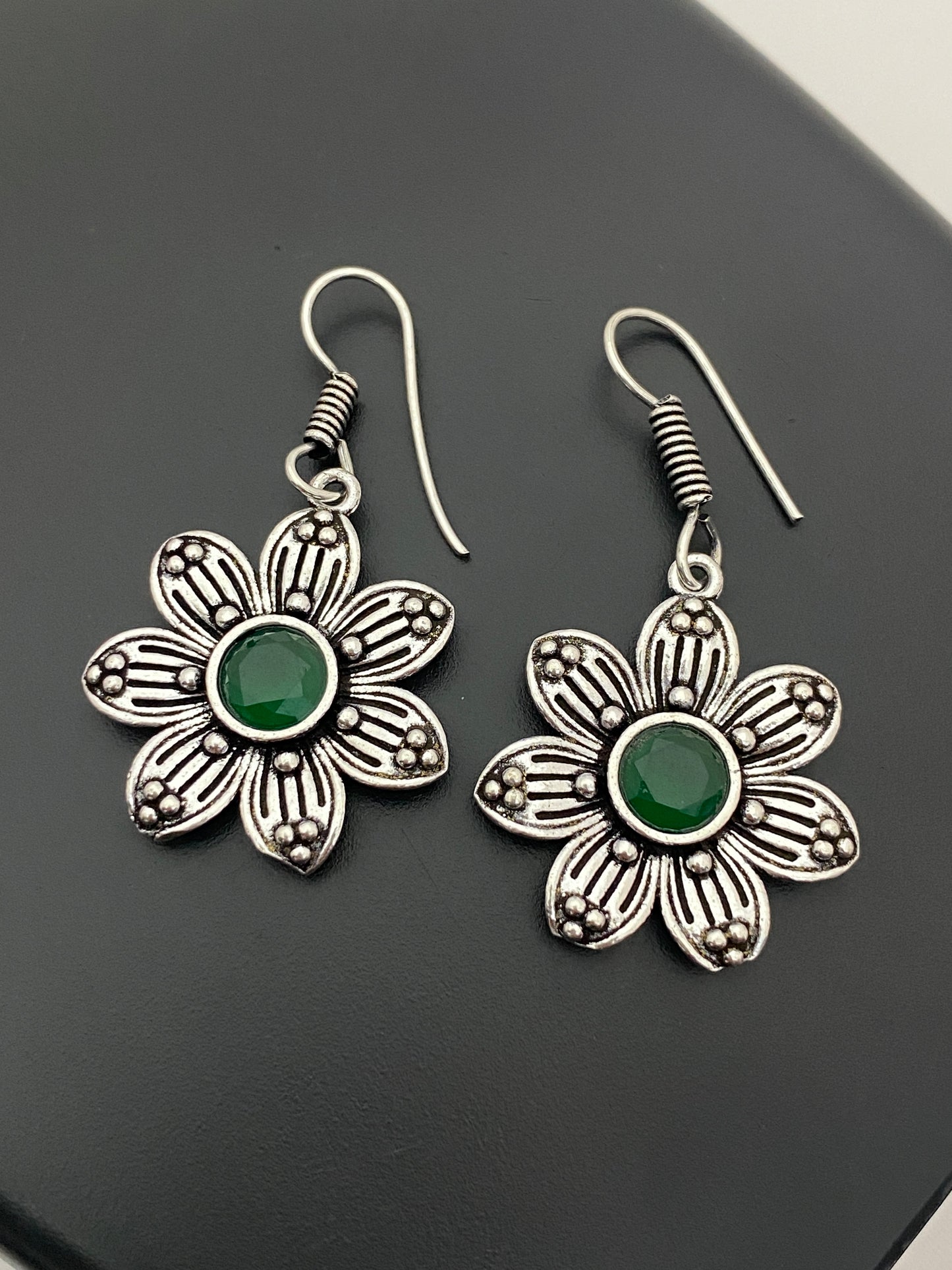 Appealing Green Stone Flower Design Oxidized Earrings For Women 
