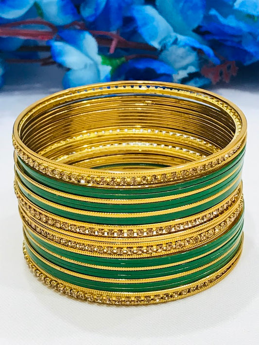 Appealing Green Color Party Wear Stone Design Metal Bangles For Women