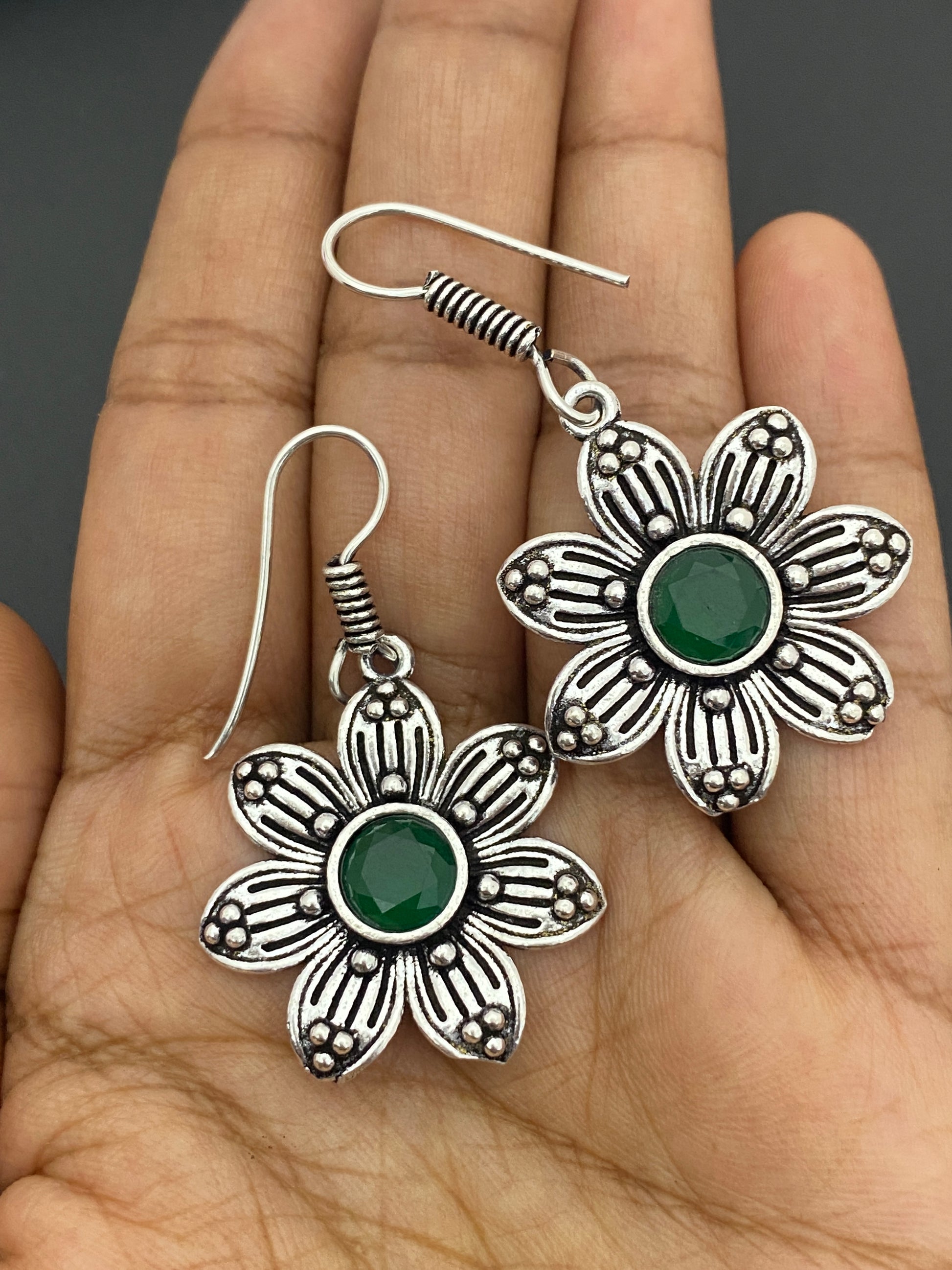Appealing Green Stone Flower Design Oxidized Earrings For Women Near Me