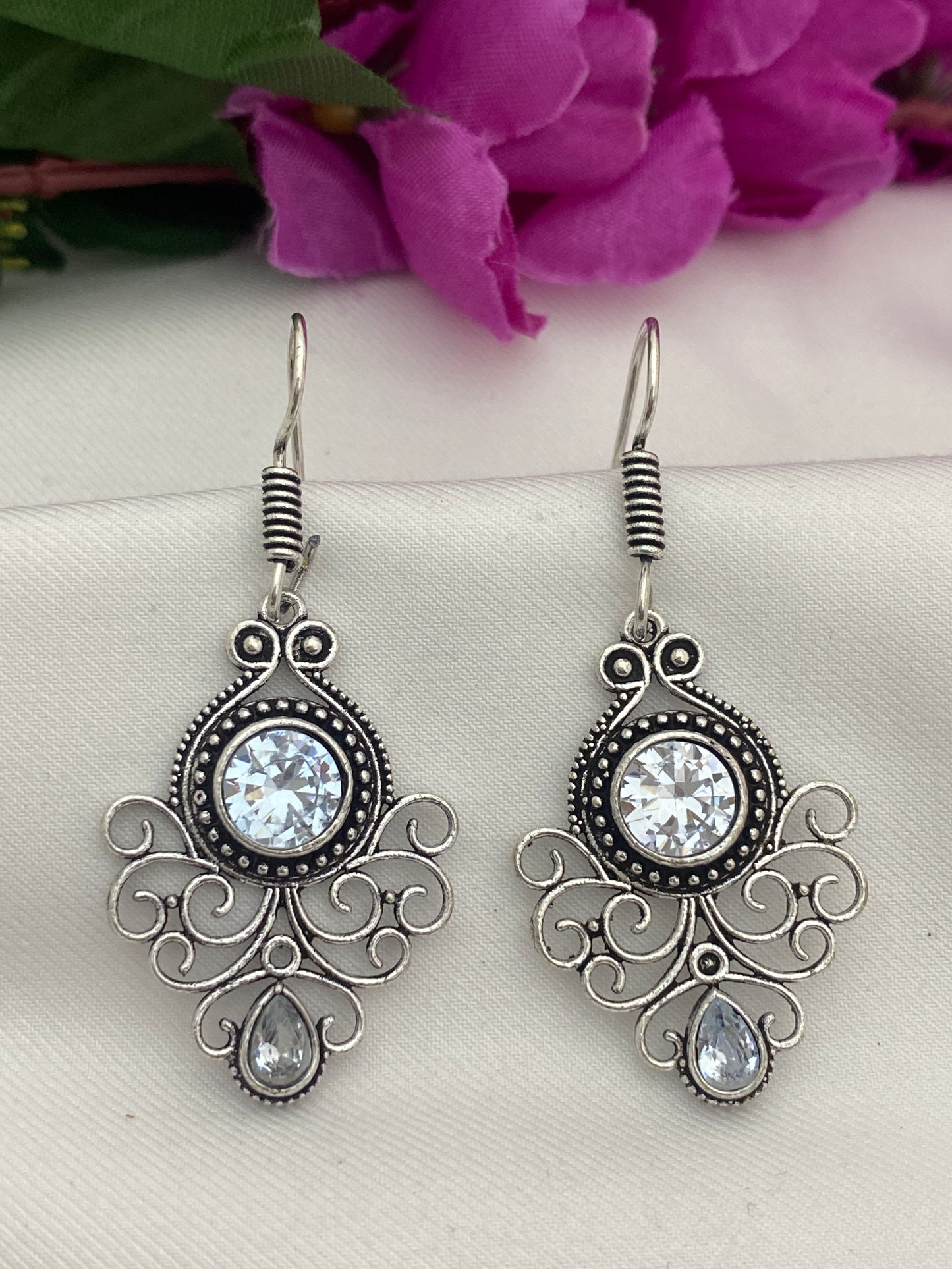 Silver Plated Oxidized With White Color Stone Earrings Near Me