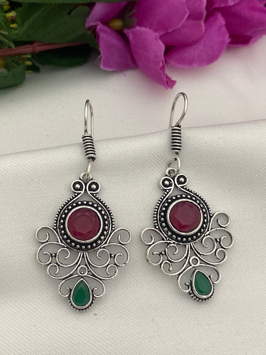 Gorgeous Silver Plated Oxidized Earrings With Red And Green Stone