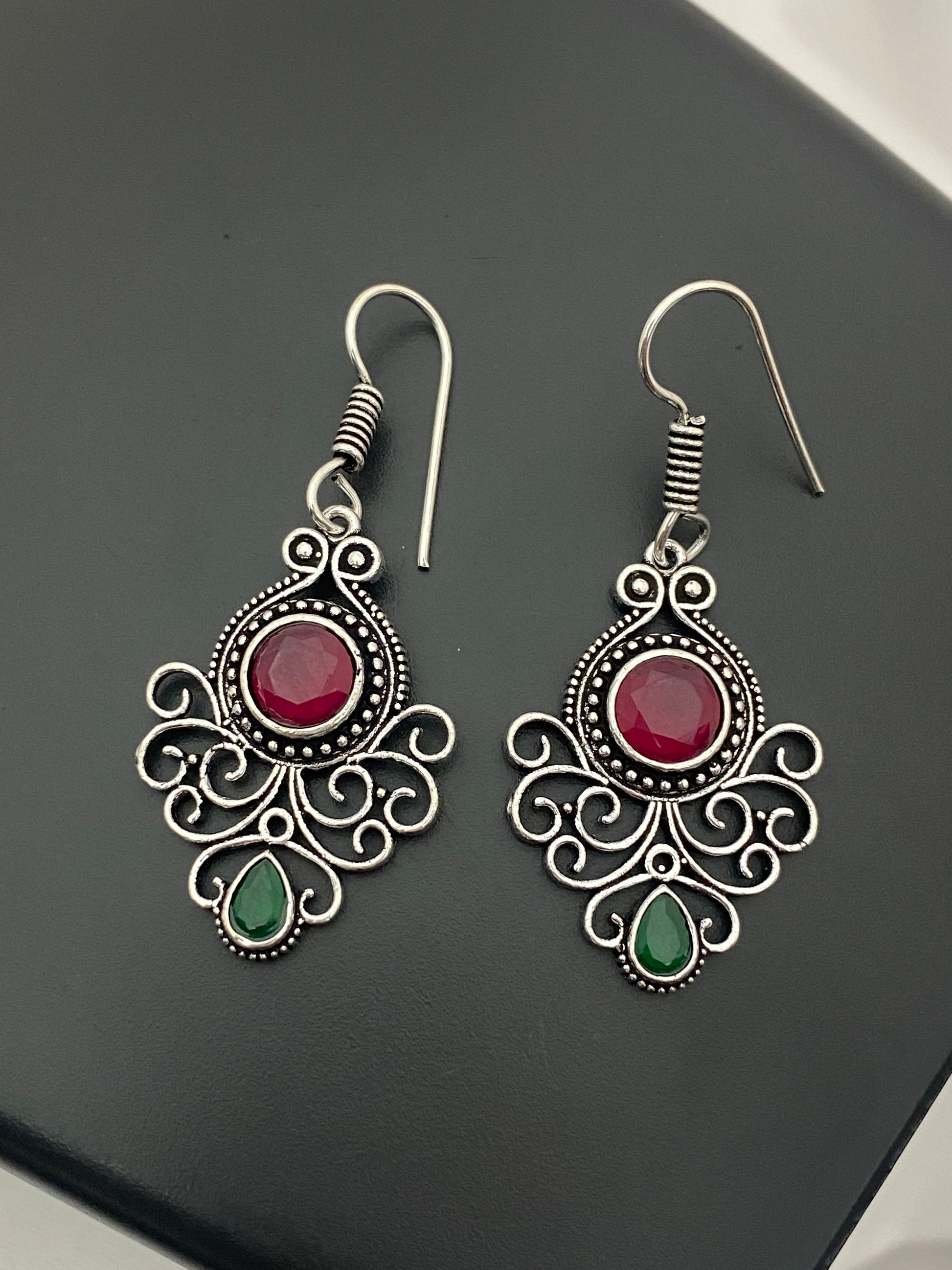 Silver Plated Oxidized Earrings With Red And Green Stone Near me