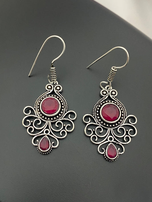 Beautiful Red Stoned Silver Oxidized Earrings For Women