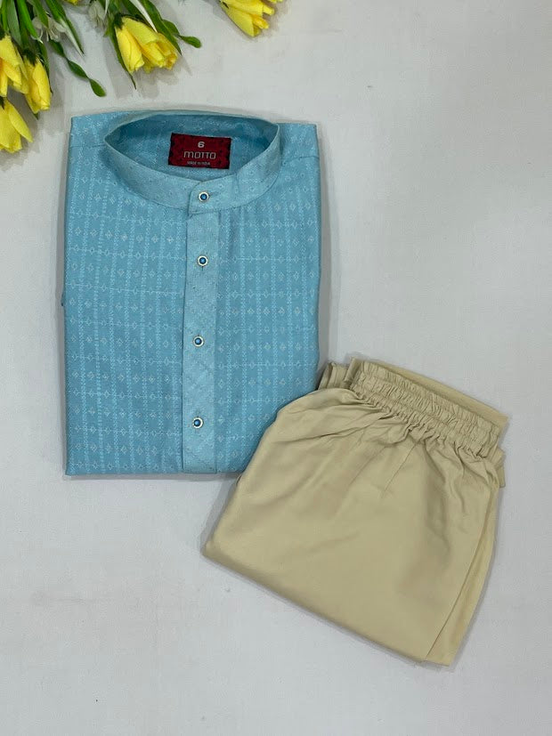 Beautiful Sky Blue Color Cotton Embroidery Work Kurta With Pajama Set Near Me
