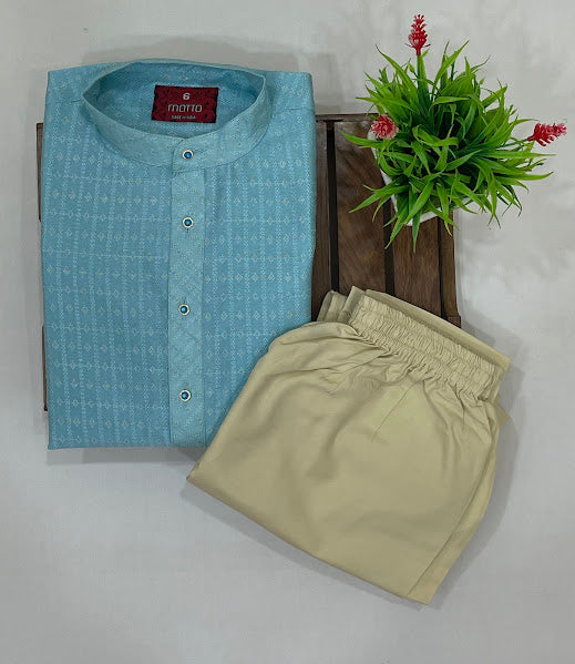 Sky Blue Color Cotton Embroidery Work Kurta With Pajama Set In USA