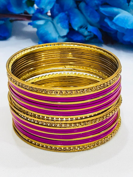 Amazing Pink Color Smooth Finishing Stone Design Metal Bangles For Women