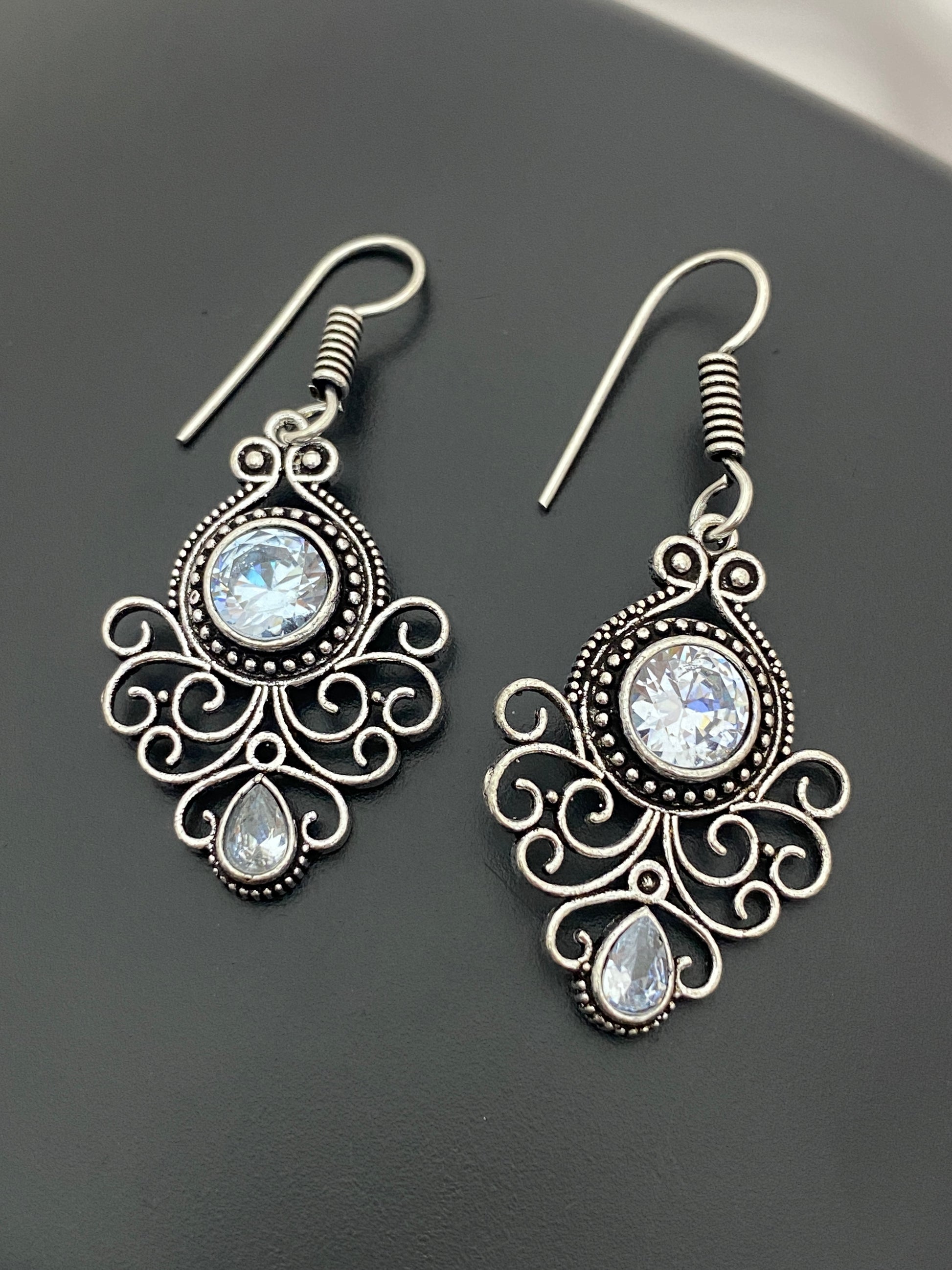 Beautiful Silver Plated Oxidized With White Color Stone Earrings