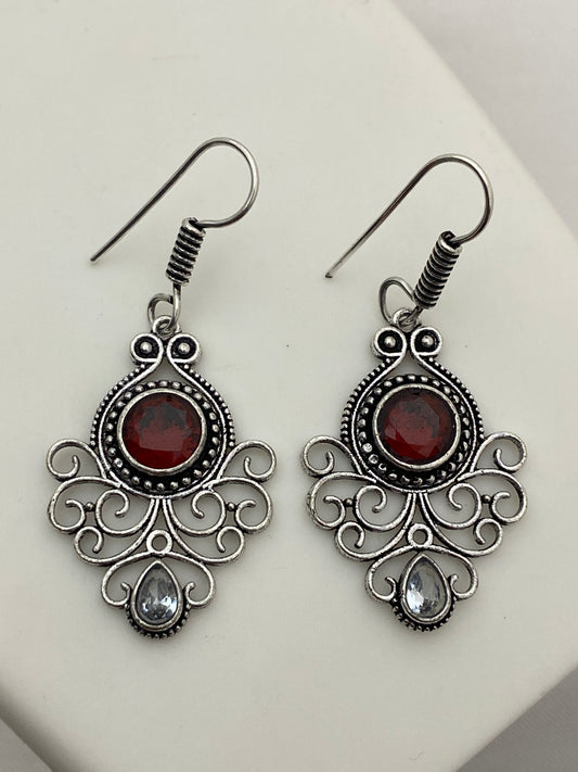 Elegant Red And White Stone Designer Silver Plated Oxidized Hook Earrings