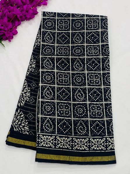 Ravishing Black Color Bandhani Printed Cotton Saree With Blouse