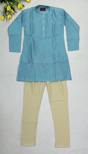 Beautiful Sky Blue Color Cotton Embroidery Work Kurta With Pajama Set For Boys