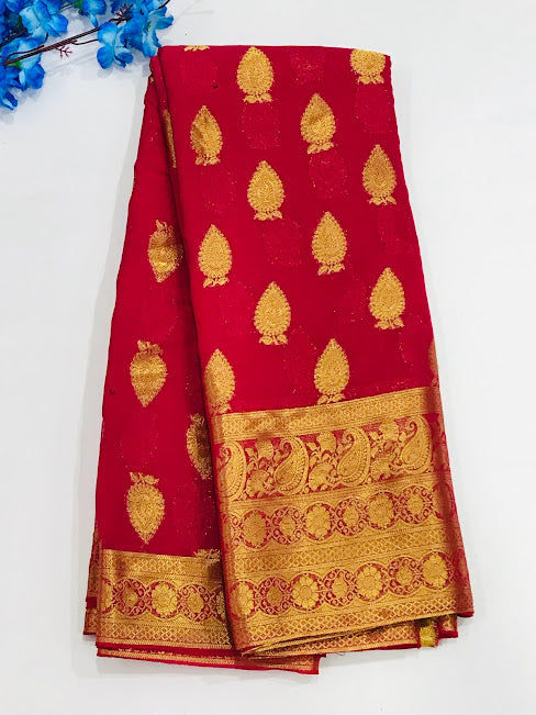 Beautiful Red Color Georgette Designer Saree With Butta Motifs And Rich Pallu