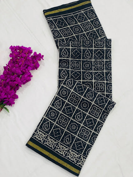 Ravishing Black Color Bandhani Printed Cotton Saree With Blouse In USA
