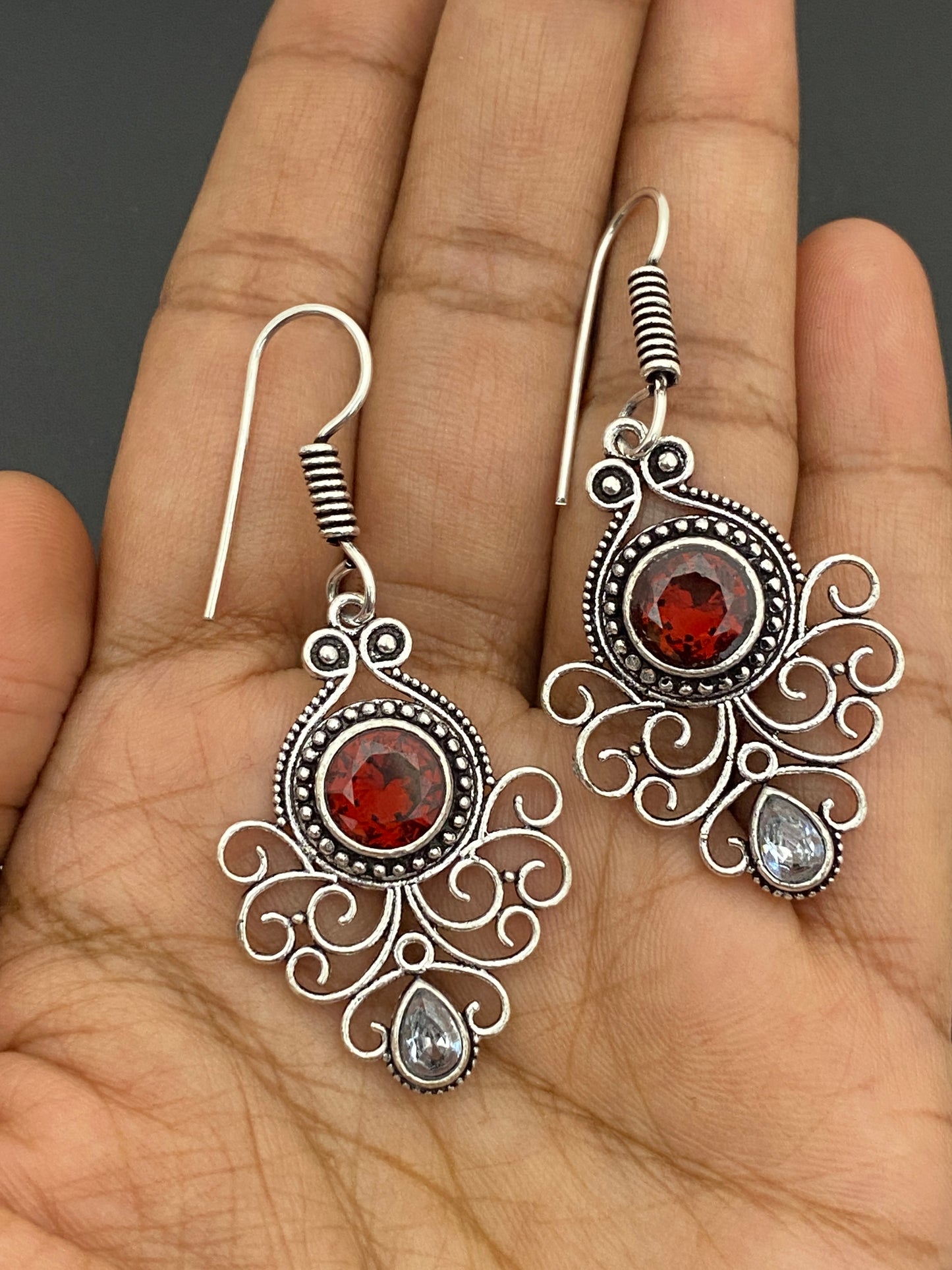 Red And White Stone Designer Silver Plated Oxidized Hook Earrings Near Me