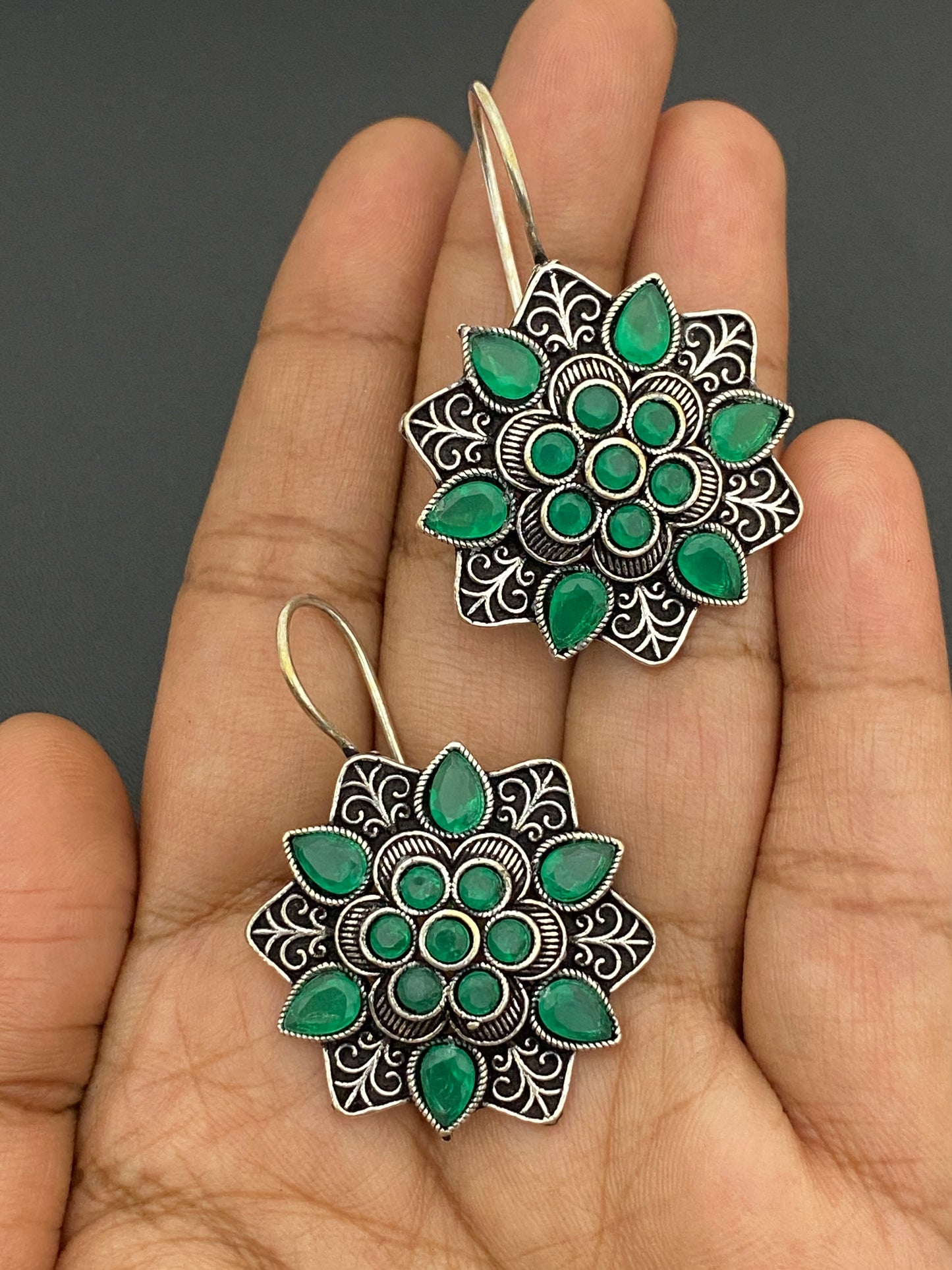 Gorgeous Green Color Rounded Floral Designer Oxidized Earrings Near Me