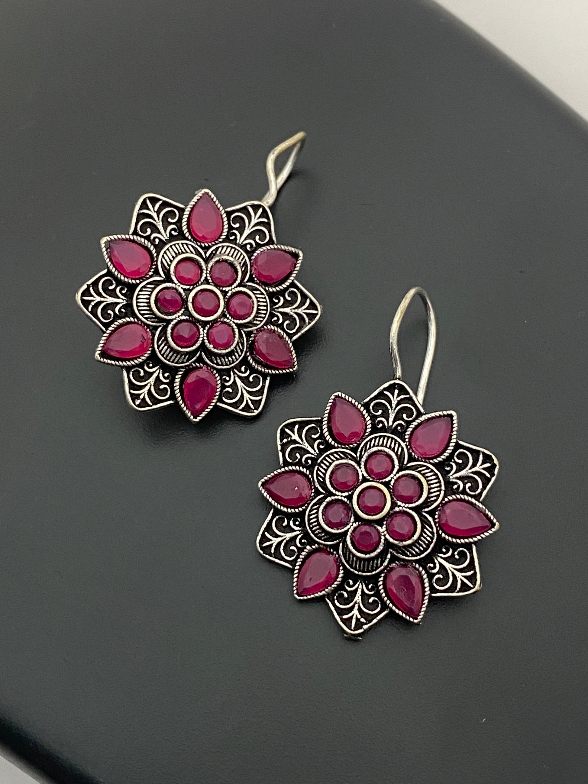 Appealing Pink Color Rounded Floral Designer Oxidized Earrings For Women In Peovia