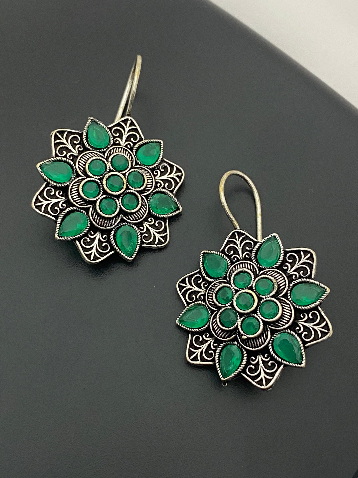 Gorgeous Green Color Rounded Floral Designer Oxidized Earrings