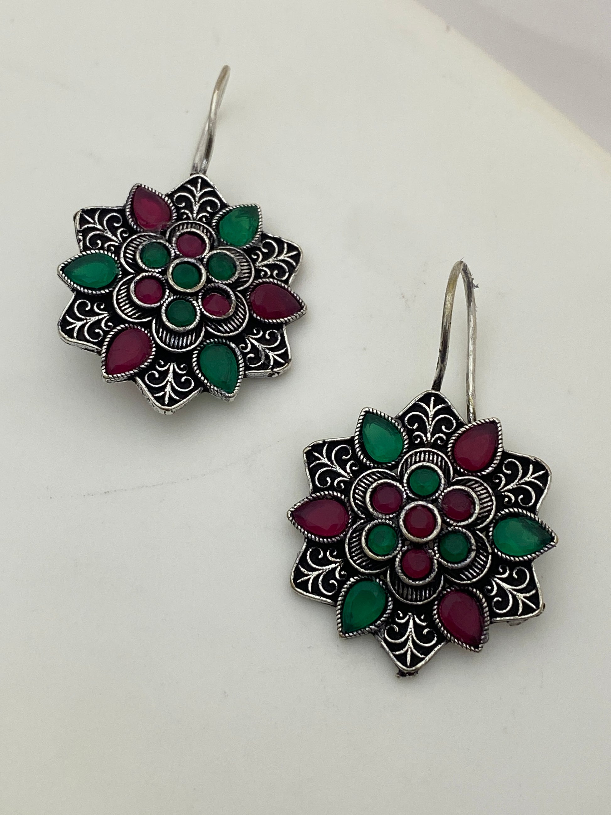 Dazzling Red And Green Color Rounded Floral Designer Oxidized Earrings In USA