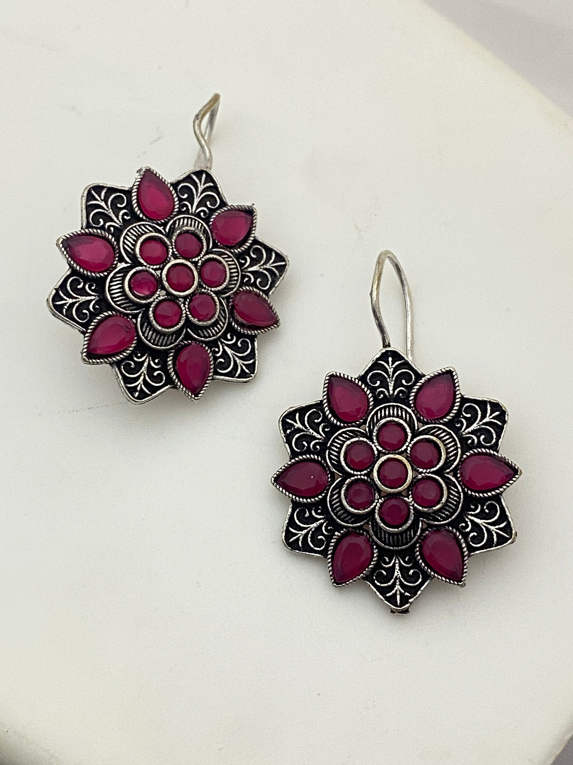 Appealing Pink Color Rounded Floral Designer Oxidized Earrings For Women