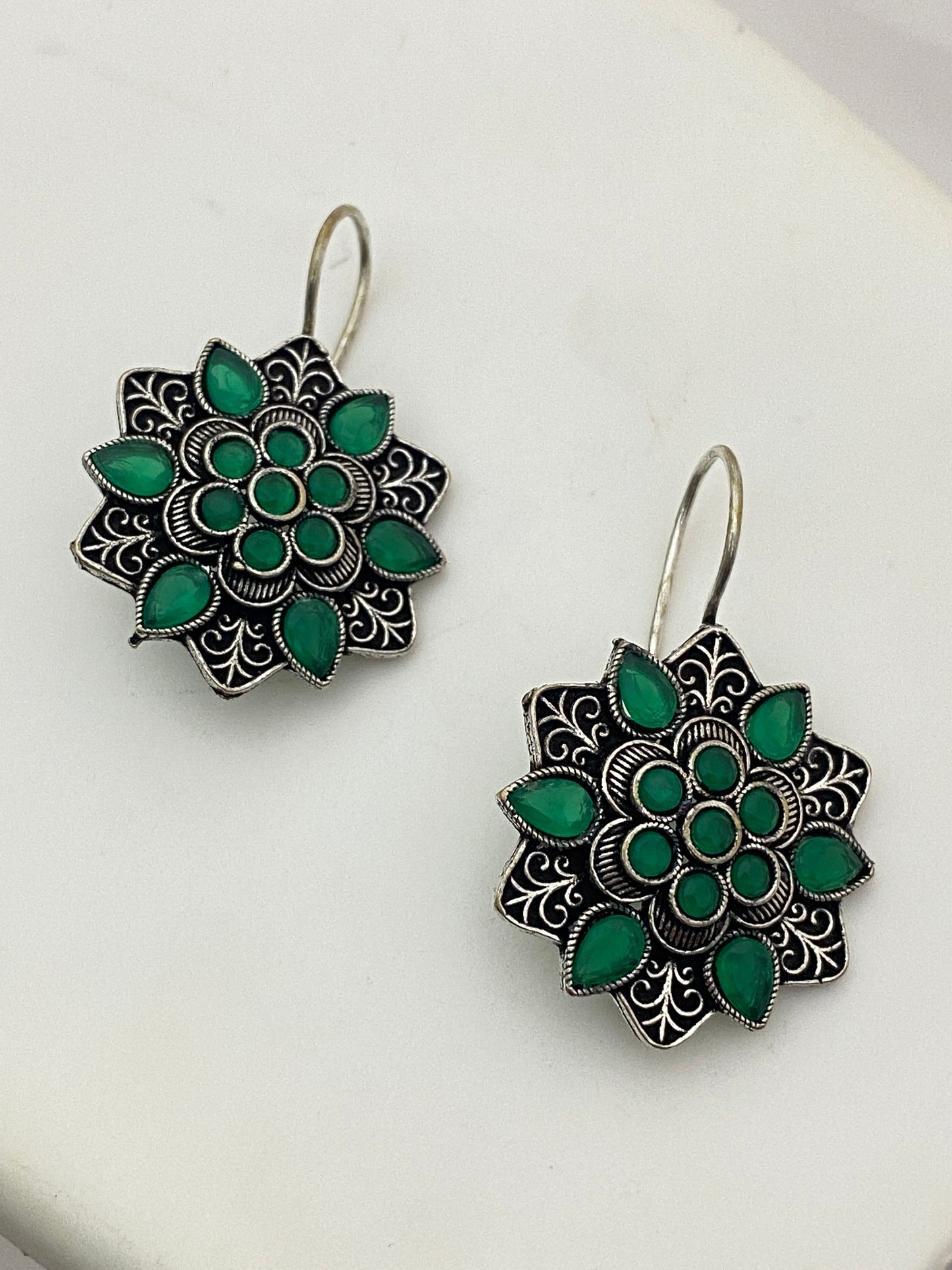 Gorgeous Green Color Rounded Floral Designer Oxidized Earrings In Peovia