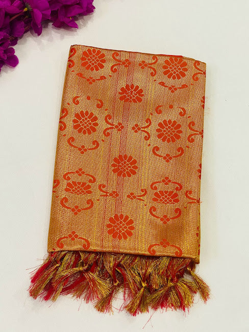 Beautiful Orange Color Designer Art Silk Shawl (Ponnadai) For Guest