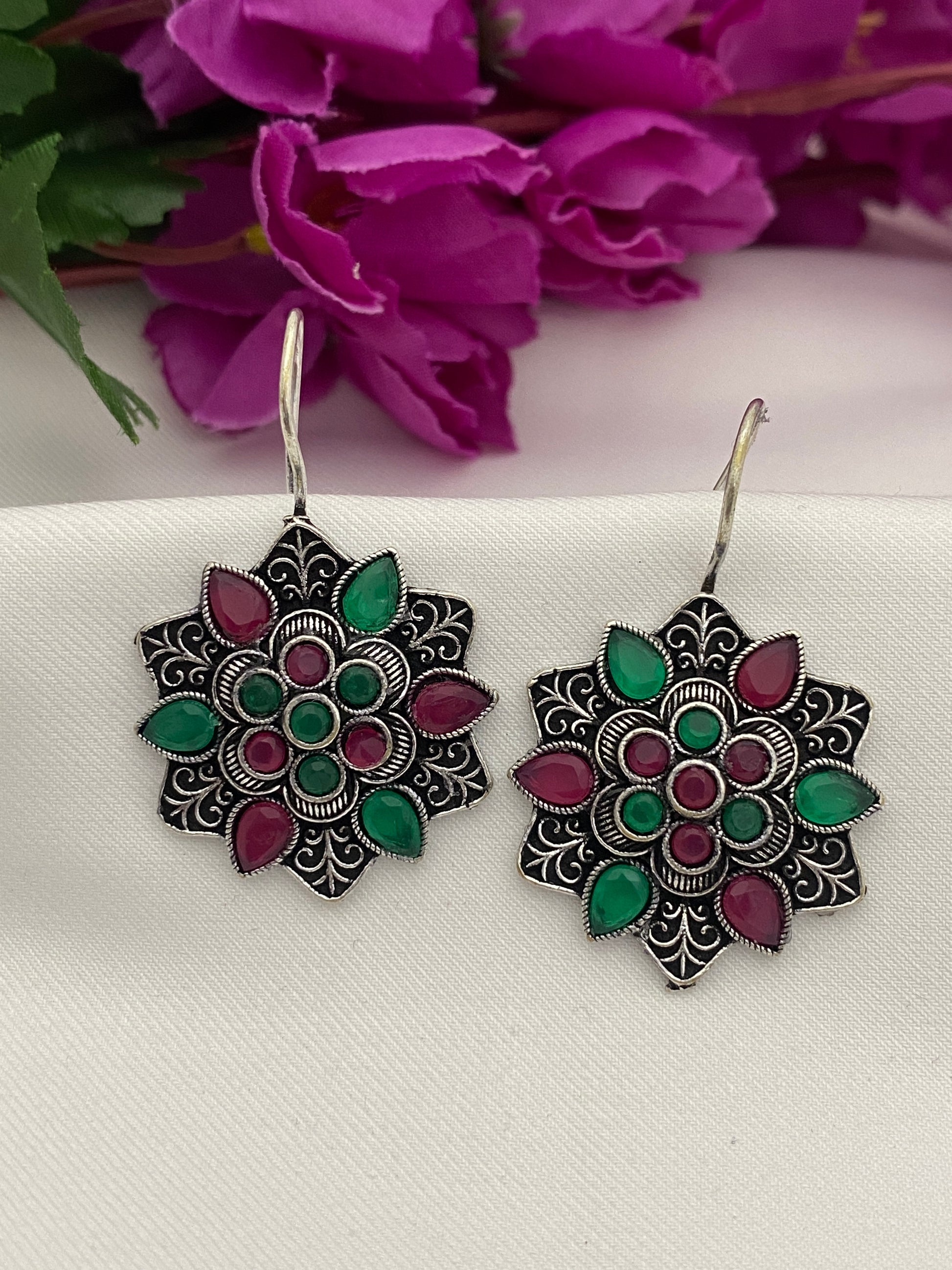 Dazzling Red And Green Color Rounded Floral Designer Oxidized Earrings