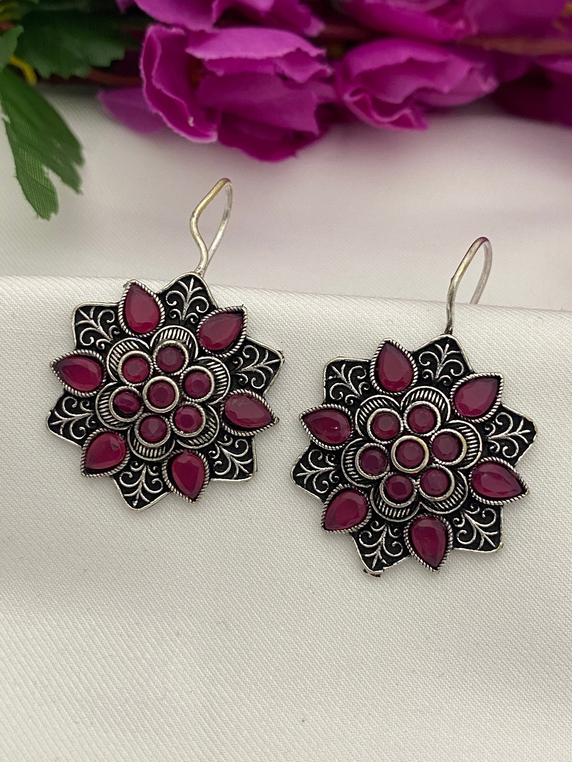 Appealing Pink Color Rounded Floral Designer Oxidized Earrings For Women In USA