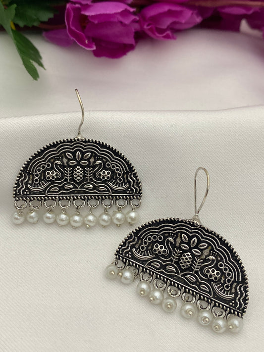 Stunning Oxidized Earrings With White Beads Hangings 