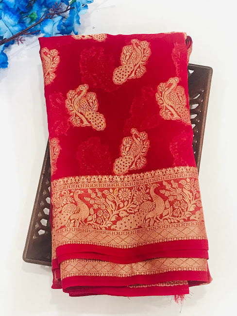 Attractive Red Color Designer Georgette Saree With Peacock Motifs Near Me