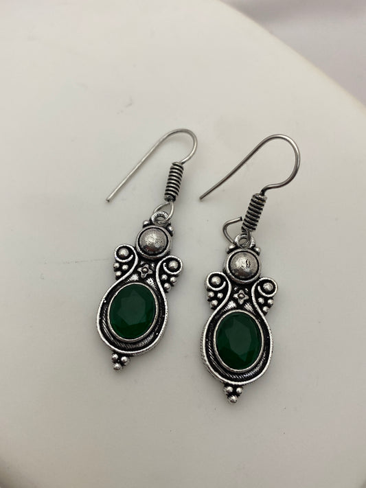 Attractive Emerald Stone Studded Silver Toned Oxidized Hook Earrings