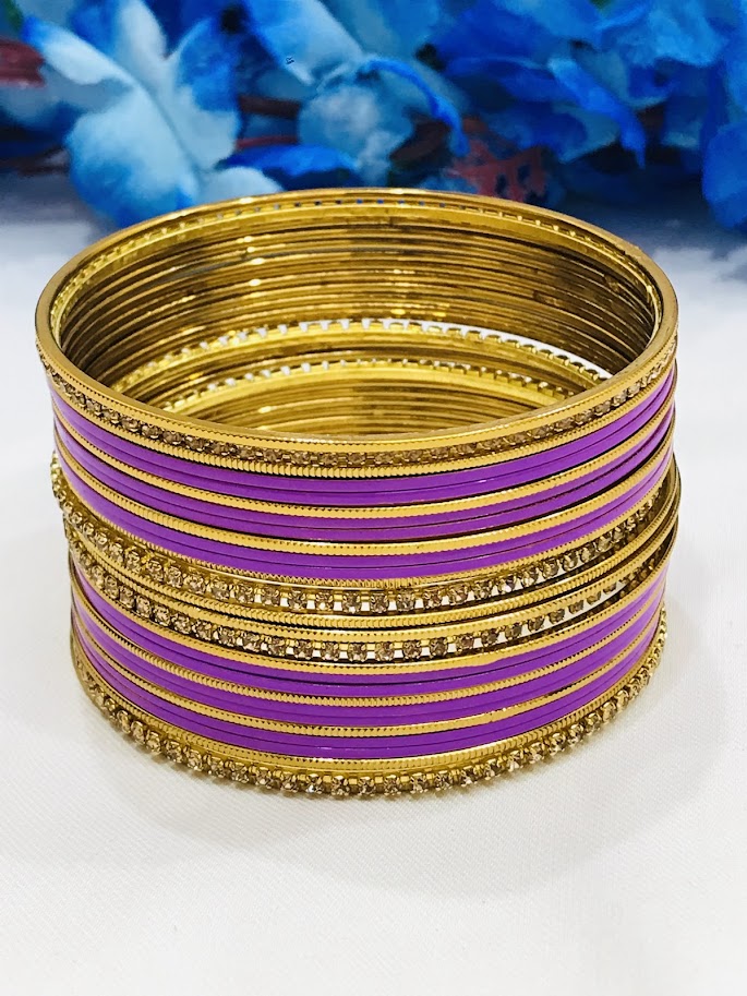 Exquisite Purple Color Party Wear Stone Designed Metal Bangles For Women