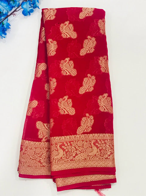 Attractive Red Color Designer Georgette Saree With Peacock Motifs And Rich Pallu