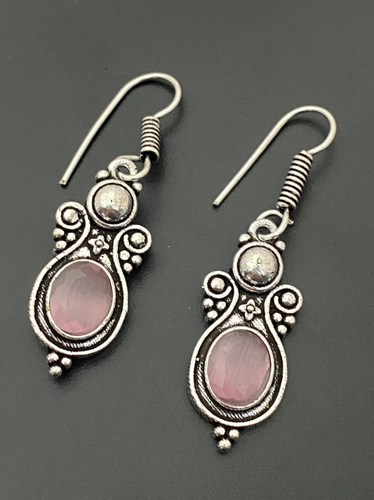 Gorgeous Light Pink Stone Beaded Round Shaped German Silver Plated Oxidized Earrings