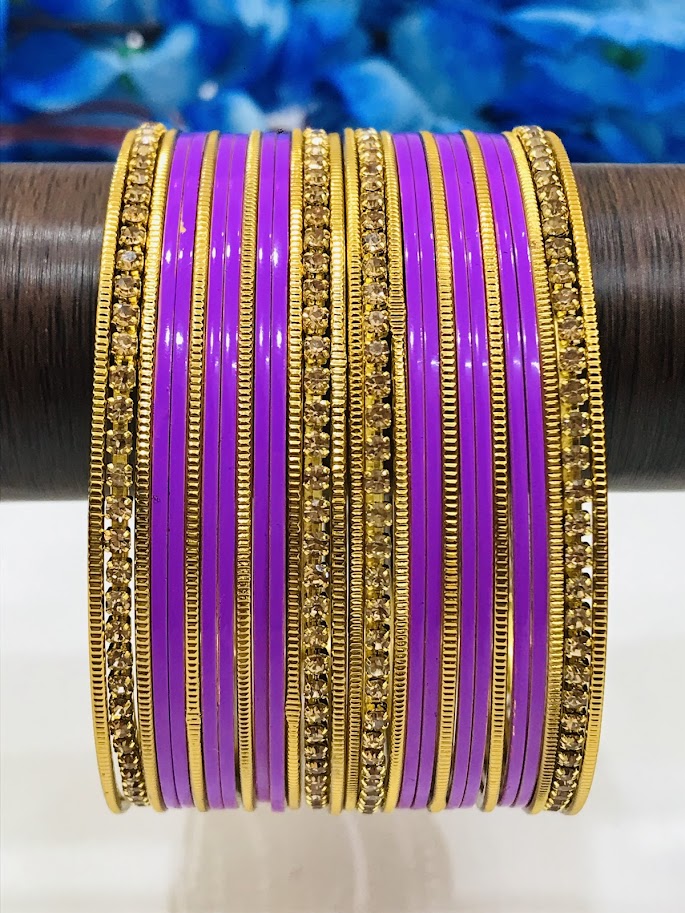 Exquisite Purple Color Party Wear Stone Designed Metal Bangles For Women