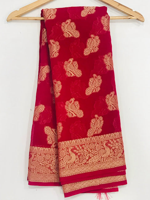 Attractive Red Color Designer Georgette Saree WithRich Pallu In Gilbert