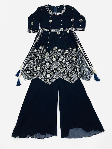 Dazzling Dark Blue Colored Embroidery Work Palazzo Suits For Girls