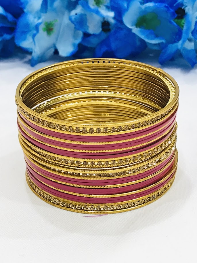 Attractive Dark Pink Color Stone Designed Party Wear Metal Bangles For Women