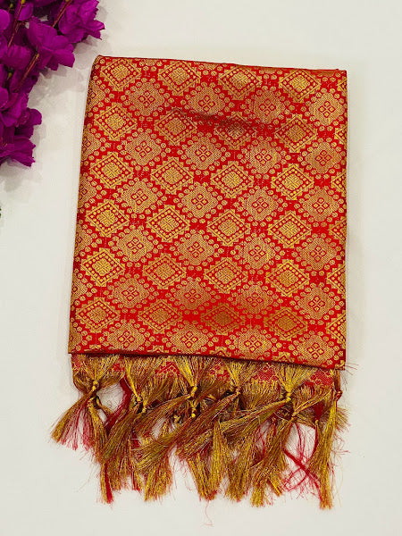 Traditional Red Color Brocaded Silk Shawl (Ponnadai) For Guest