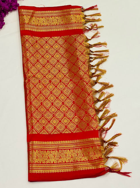 Traditional Red Color Brocaded Silk Shawl (Ponnadai) For Guest Near Me