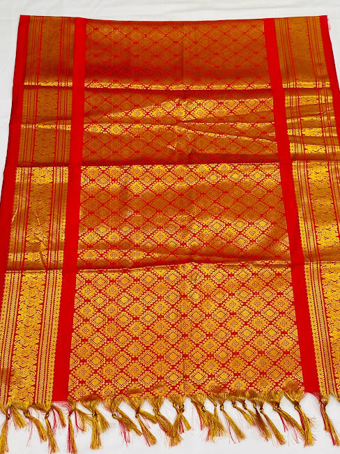 Traditional Red Color Brocaded Silk Shawl (Ponnadai) For Guest In USA